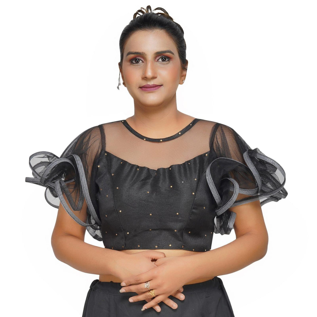 Boat Neck Frill Shoulder Black Women Blouse Black