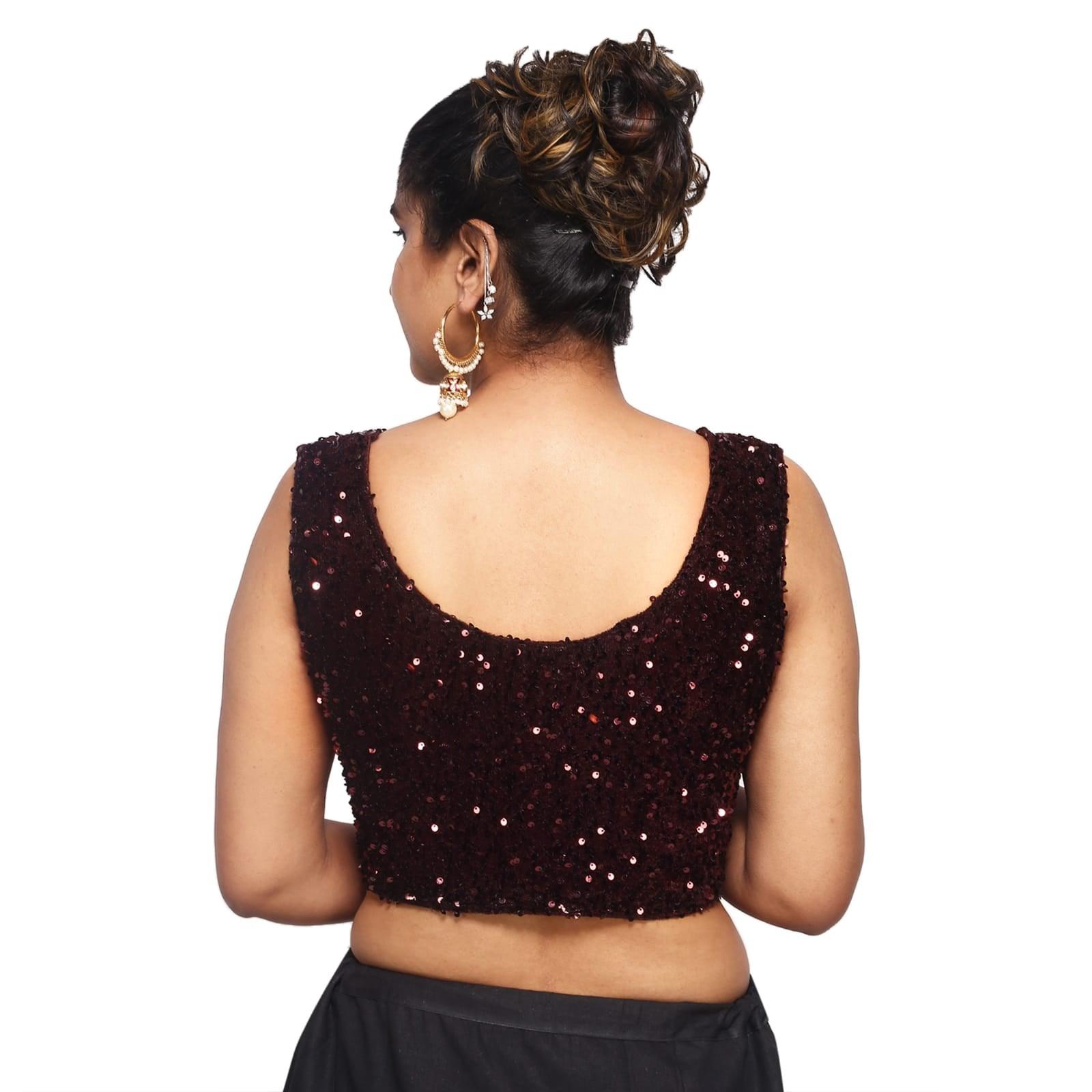Sequins Round Neck Velvet Brown Women Blouse