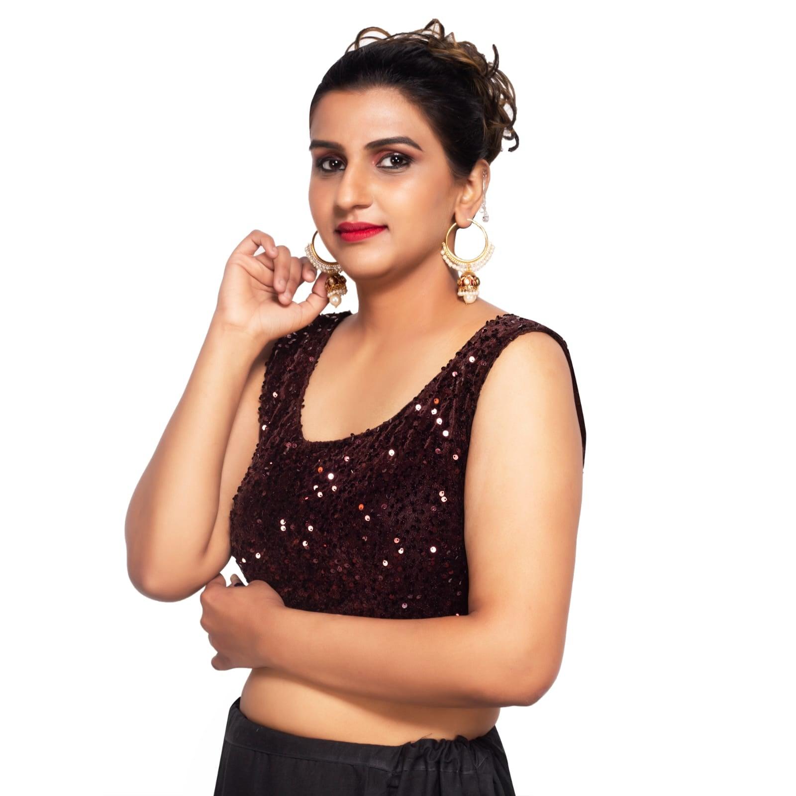 Sequins Round Neck Velvet Brown Women Blouse