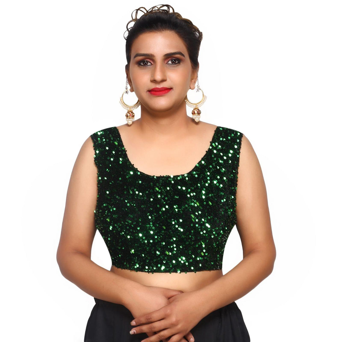 Sequins Round Neck Velvet Green Women Blouse Default Title