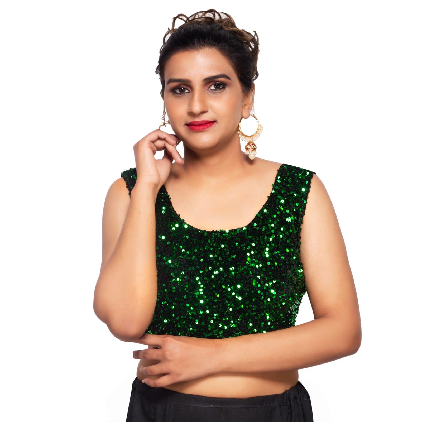Sequins Round Neck Velvet Green Women Blouse