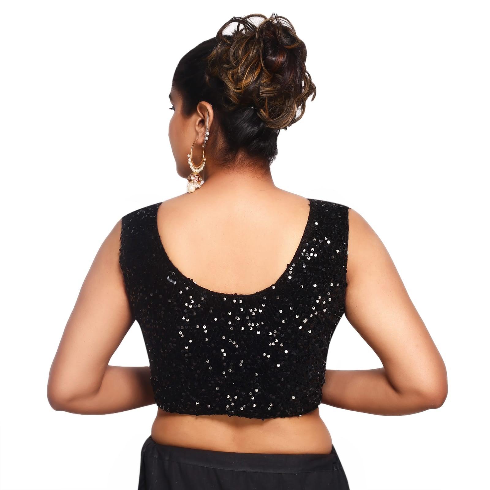 Sequins Round Neck Velvet Black Women Blouse