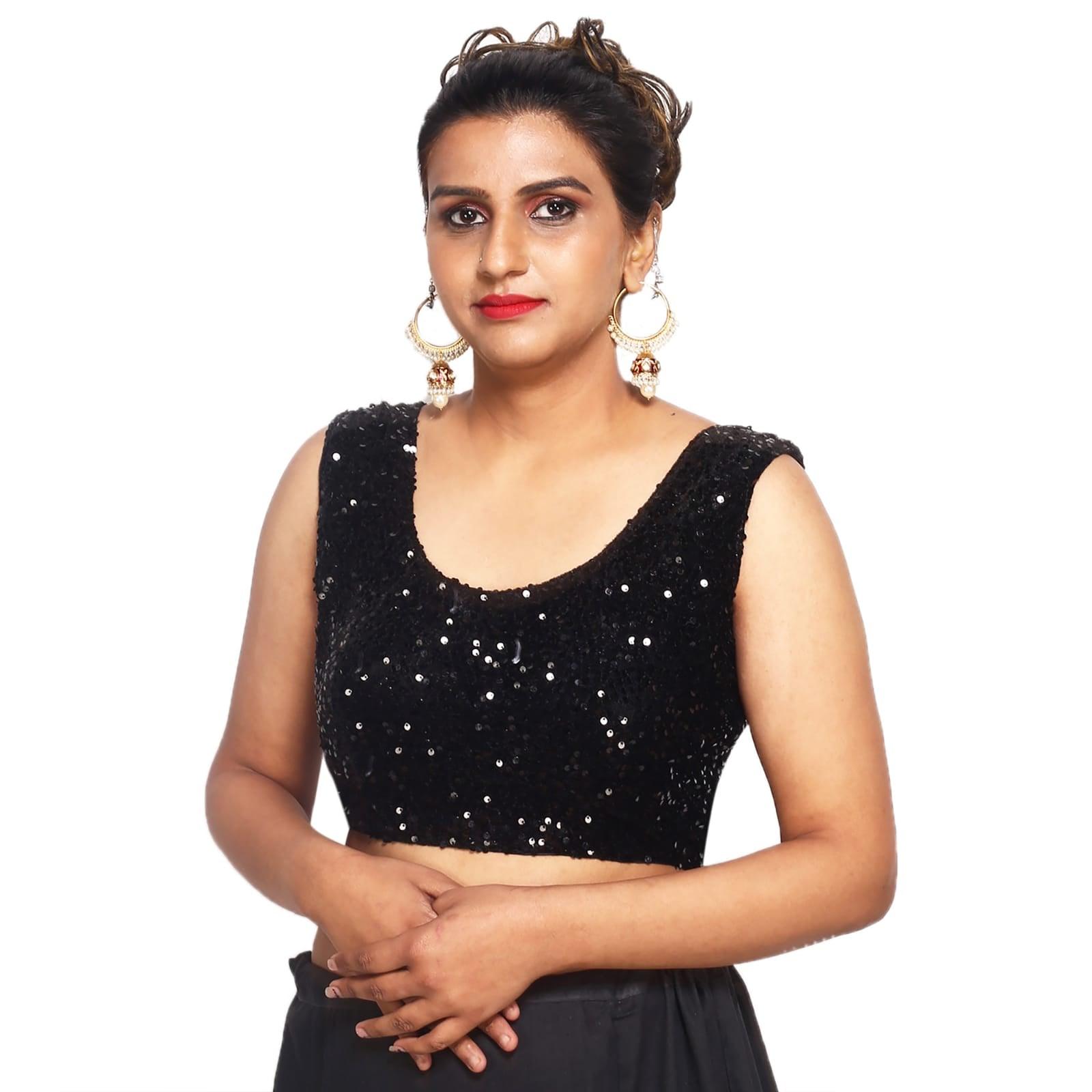 Sequins Round Neck Velvet Black Women Blouse