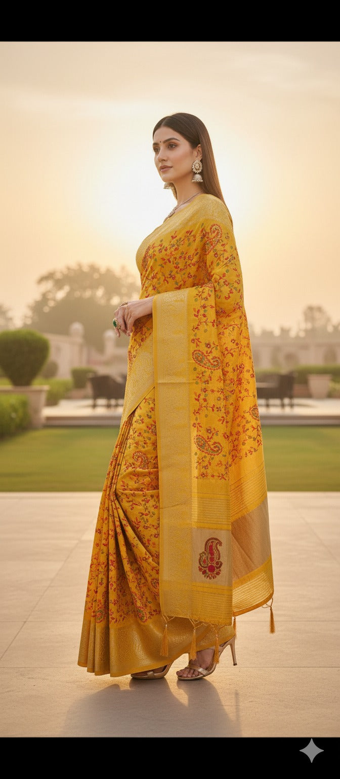 Trendzmy Women Mustard Yellow Silk Saree with Kashmiri Multi thread Embroidery – Karva Chauth Special