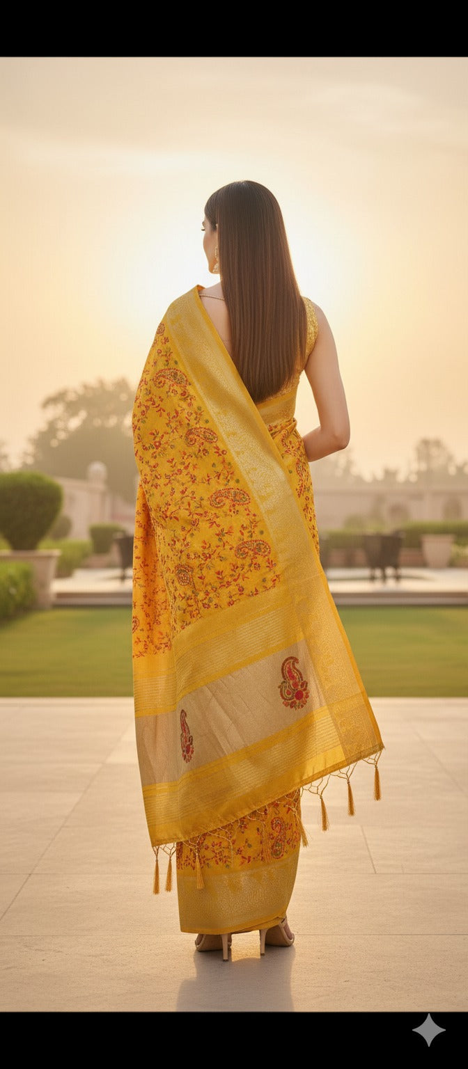 Trendzmy Women Mustard Yellow Silk Saree with Kashmiri Multi thread Embroidery – Karva Chauth Special