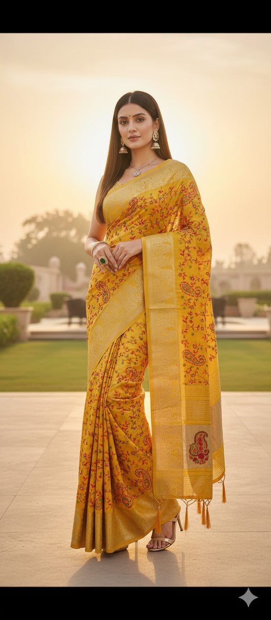 Trendzmy Women Mustard Yellow Silk Saree with Kashmiri Multi thread Embroidery – Karva Chauth Special