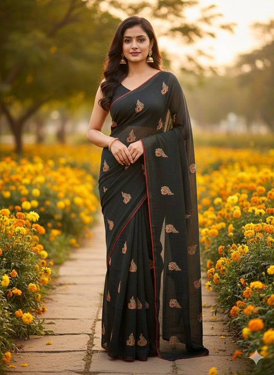 Trendzmy Women Black Striped Saree with Multicolor Paisley Embroidery & Red Border
