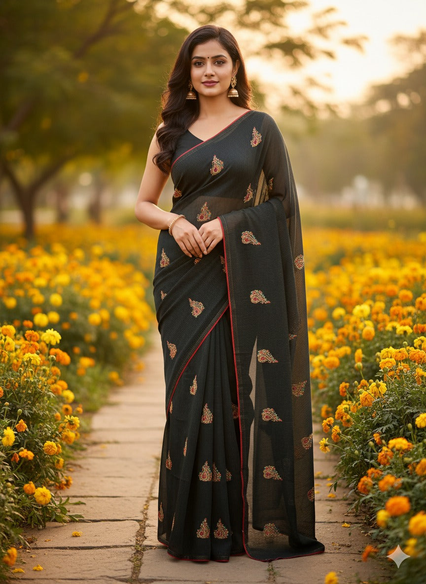 Women Black Striped Saree with Multicolor Paisley Embroidery & Red Border