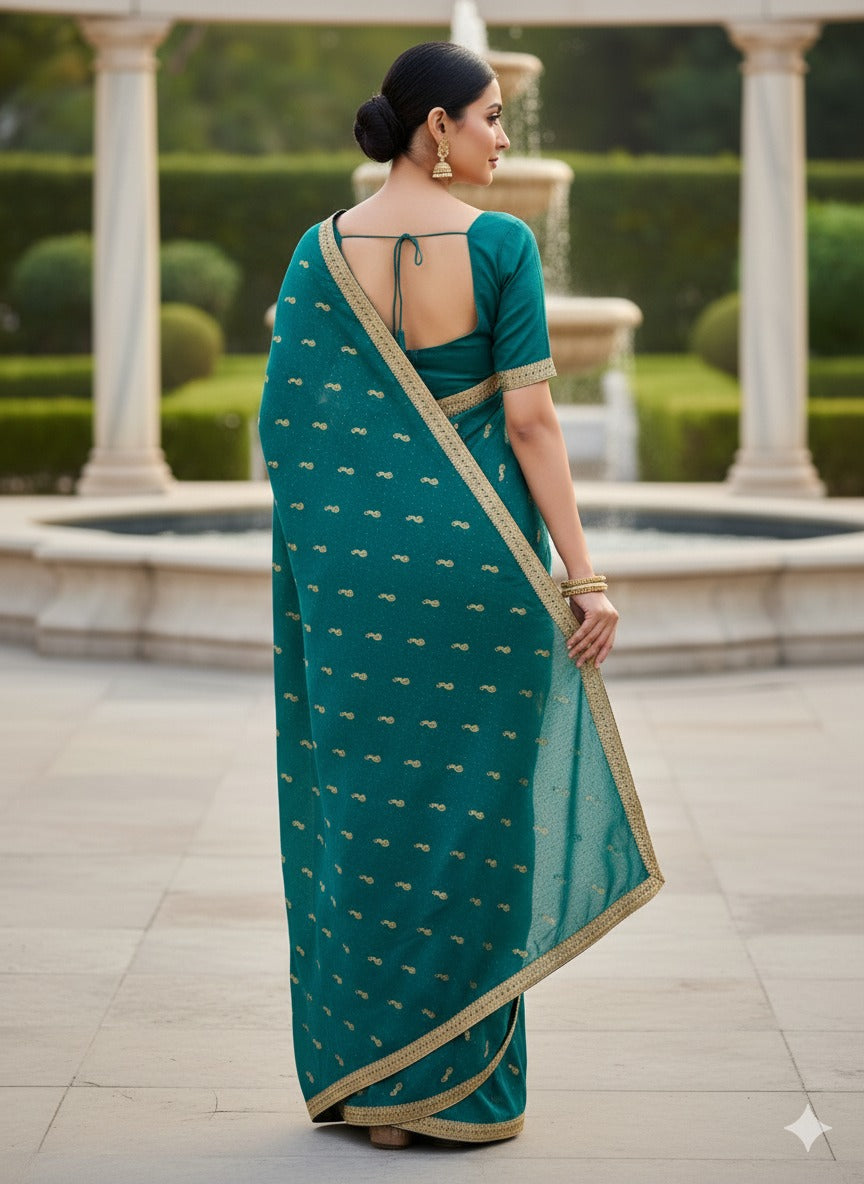 Women Green Georgette Saree with Golden Zari Border & Blouse Piece