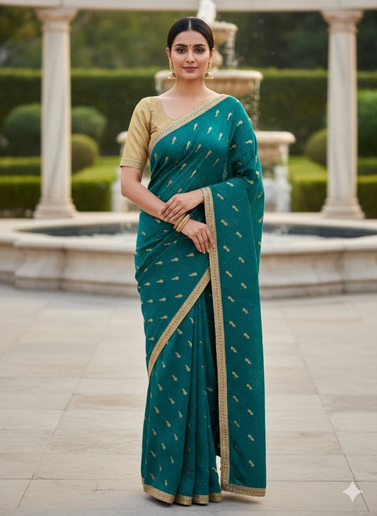 Trendzmy Women Green Georgette Saree with Golden Zari Border & Blouse Piece
