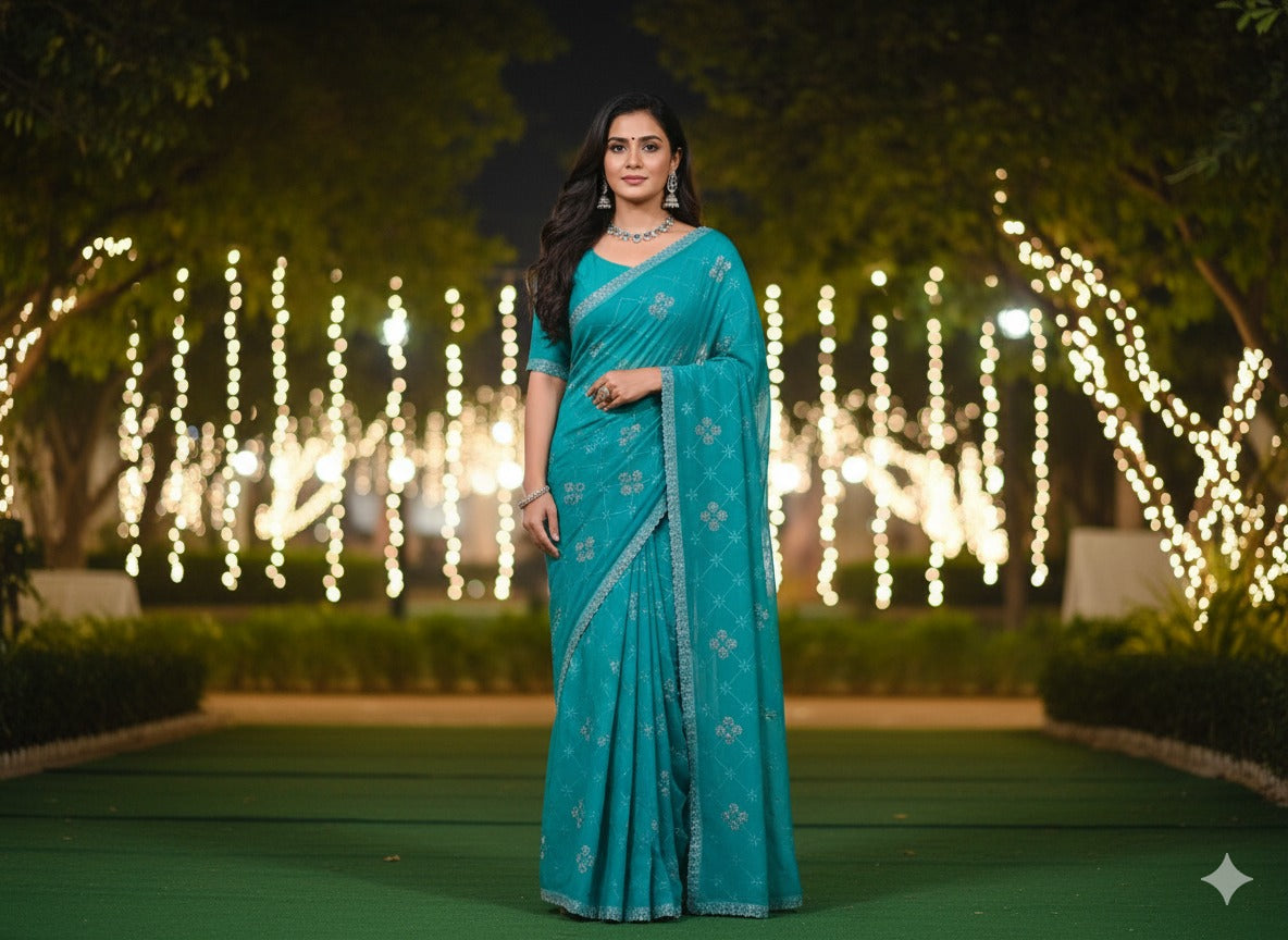 Trendzmy Women Teal Blue Georgette Saree with Silver Sequin Embroidery & Matching Blouse Piece