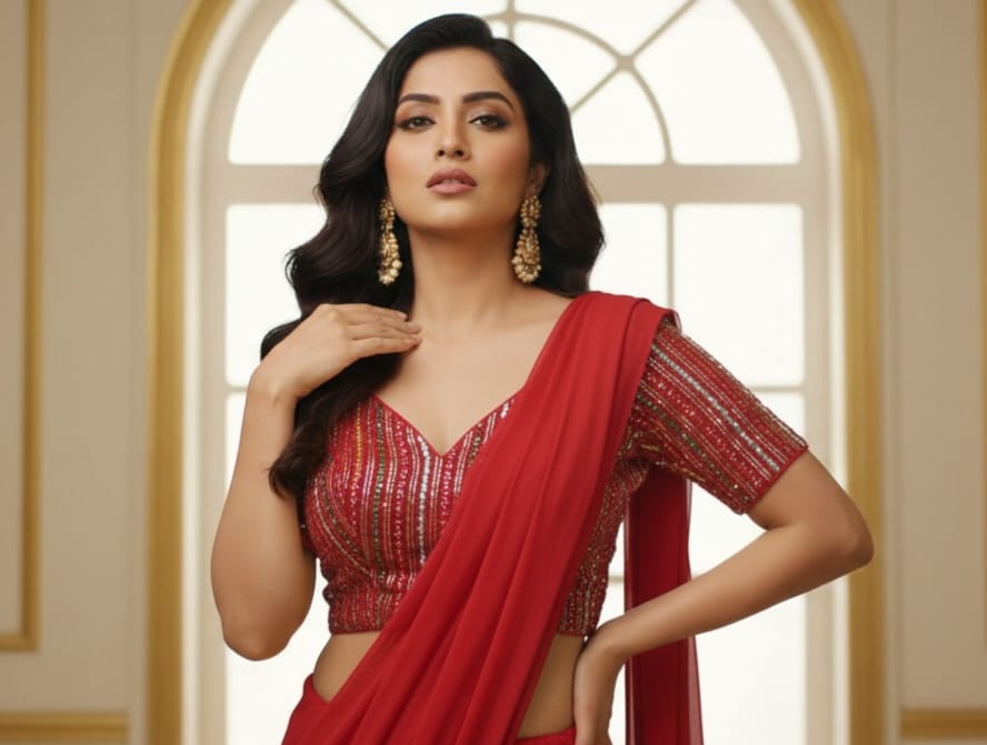 Trendzmy Elegant Red Sequin Striped V-Neck Blouse