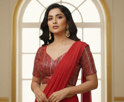 Trendzmy Elegant Red Sequin Striped V-Neck Blouse