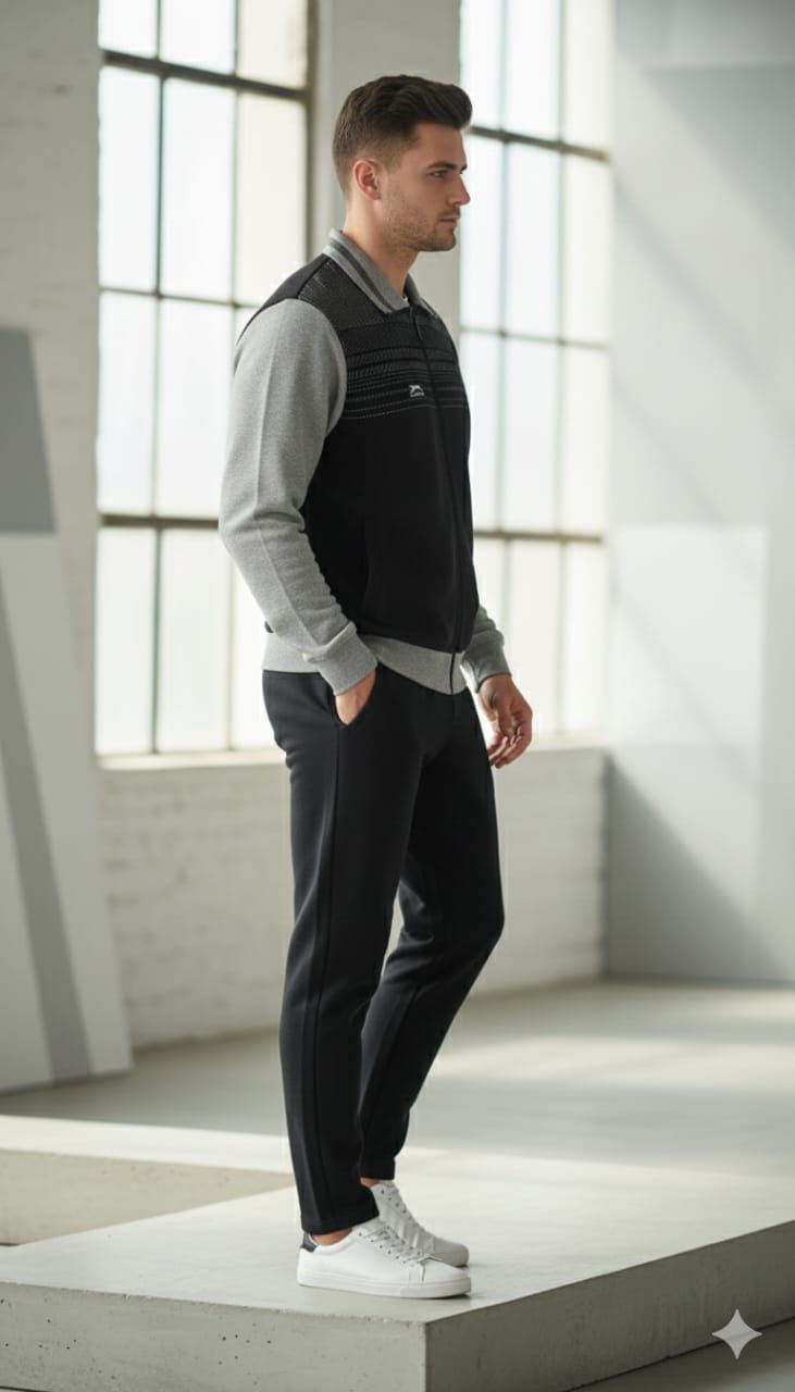 Shiv Naresh Men’s Black and Grey Premium Winter Woolen Tracksuit | Contrast Sleeve Sports Jacket & Jogger Set | Fleece-Lined Warm Fitness Wear