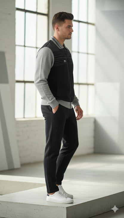 Shiv Naresh Men’s Black and Grey Premium Winter Woolen Tracksuit | Contrast Sleeve Sports Jacket & Jogger Set | Fleece-Lined Warm Fitness Wear