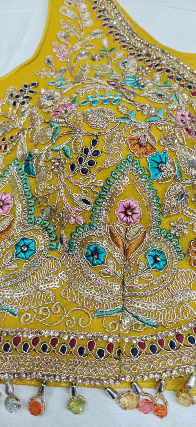 Women Contemporary Mustard Yellow Georgette Skirt Set with Threadwork Blouse