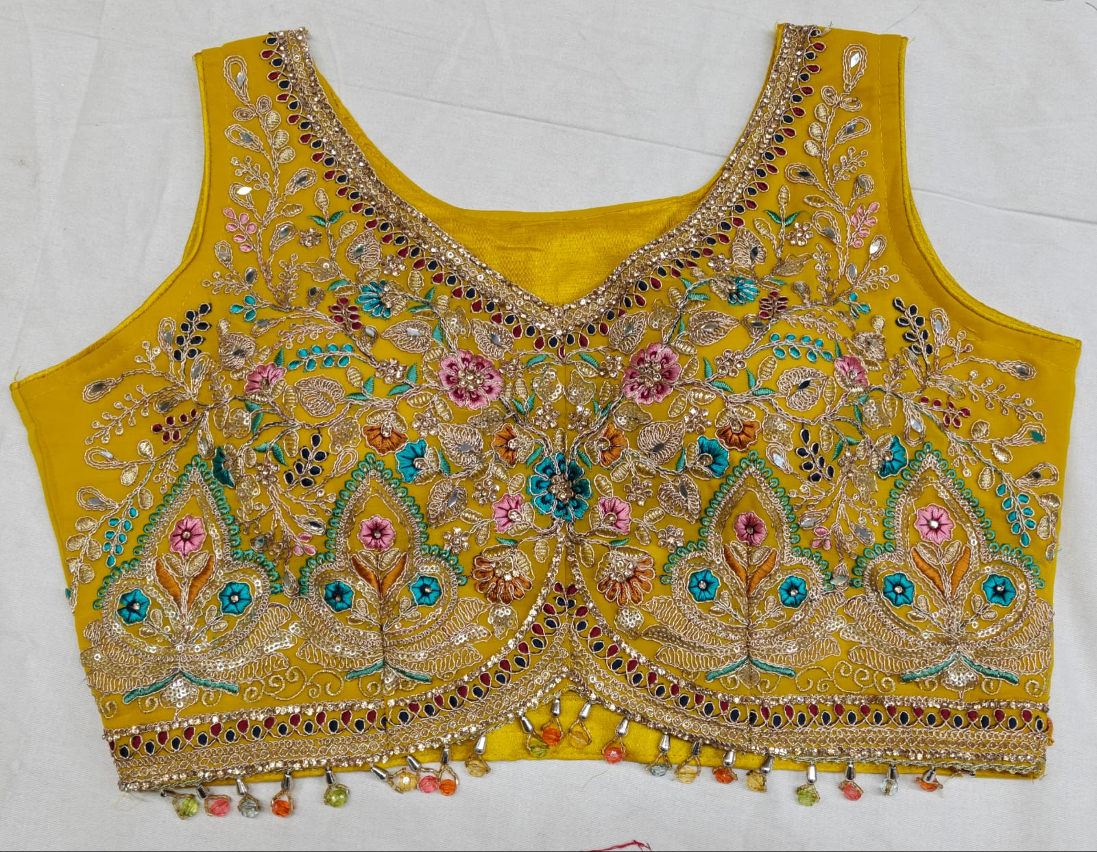 Women Contemporary Mustard Yellow Georgette Skirt Set with Threadwork Blouse