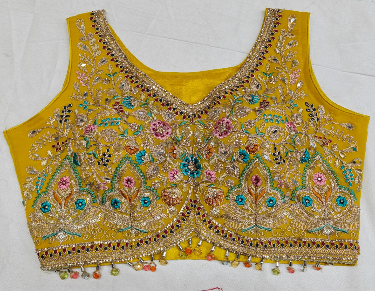 Contemporary Mustard Yellow Georgette Skirt Set with Threadwork Blouse