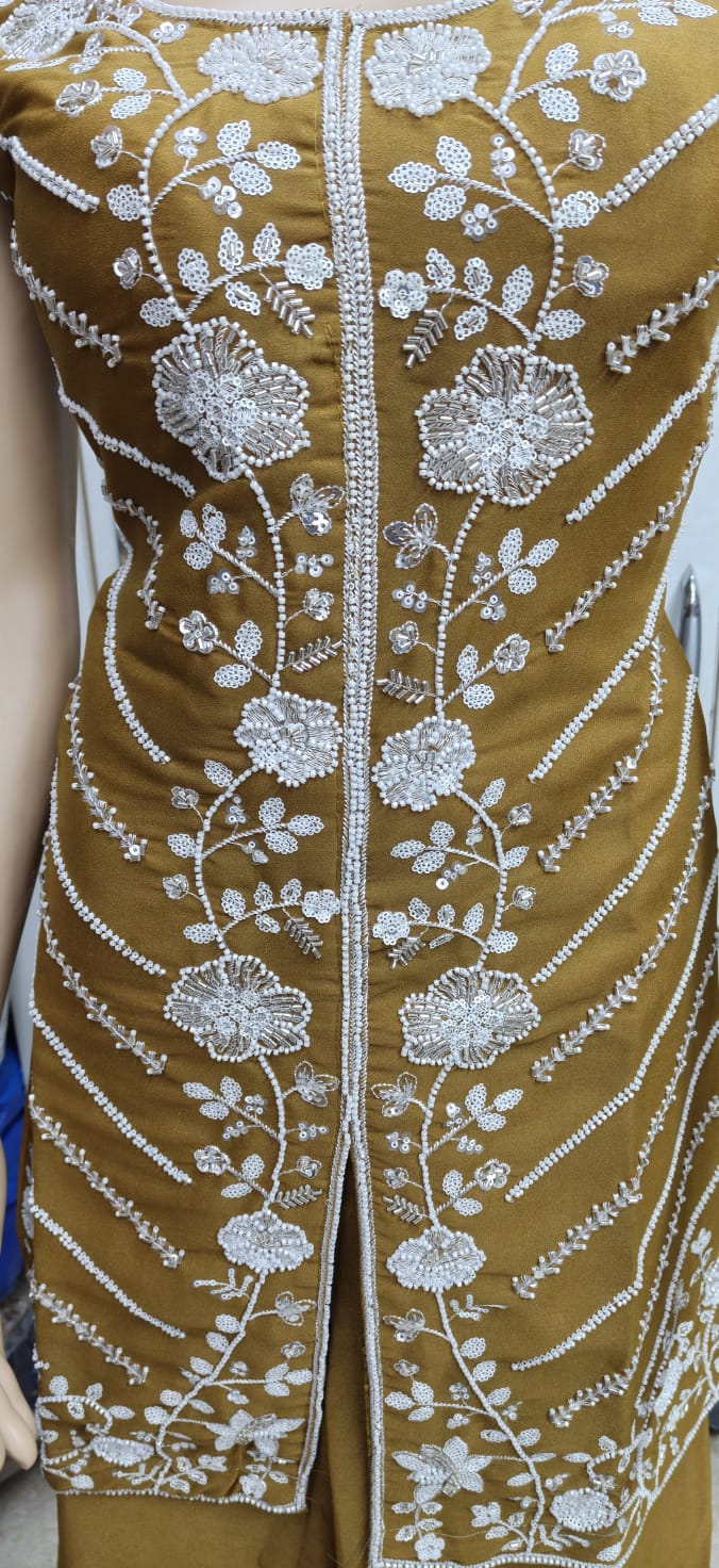 Gold Chinon Hand Work Kurta & Palazzo Set