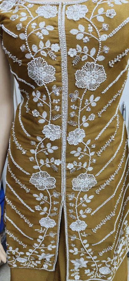 Gold Chinon Hand Work Kurta & Palazzo Set