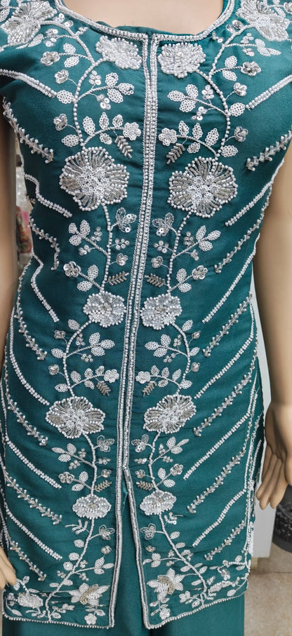 Peacock Green Chinon Hand Work Kurta &amp; Palazzo Set