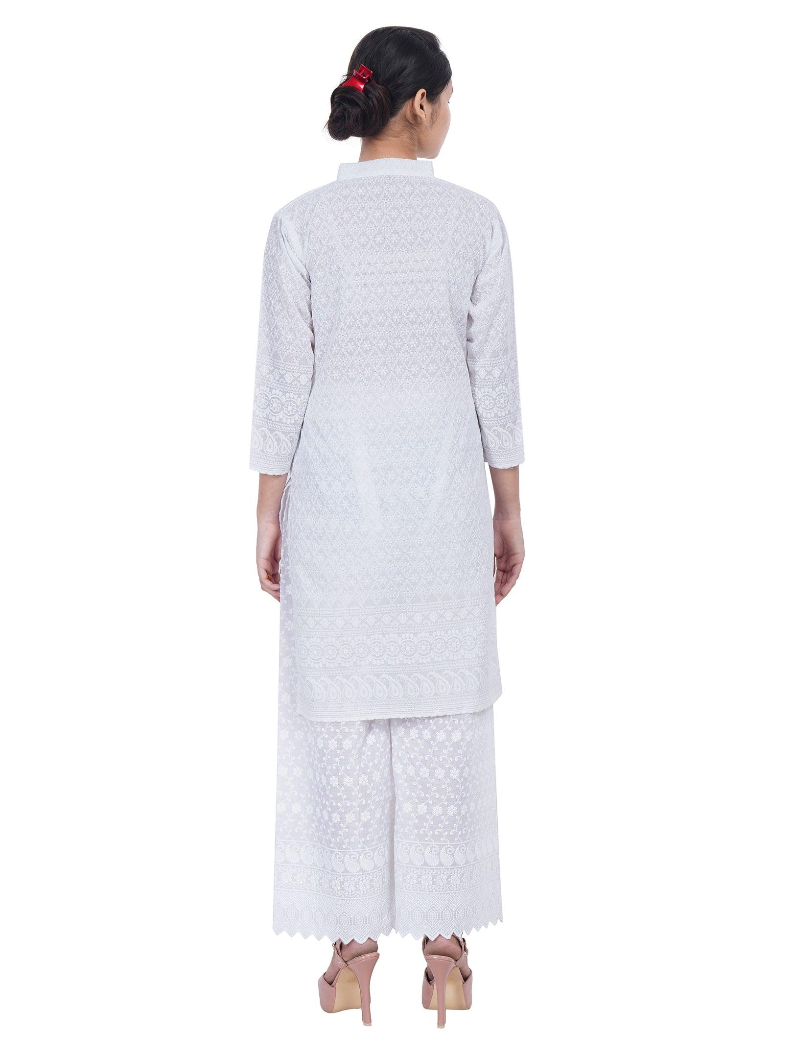 Women White Chicken Embroidered Straight Kurta