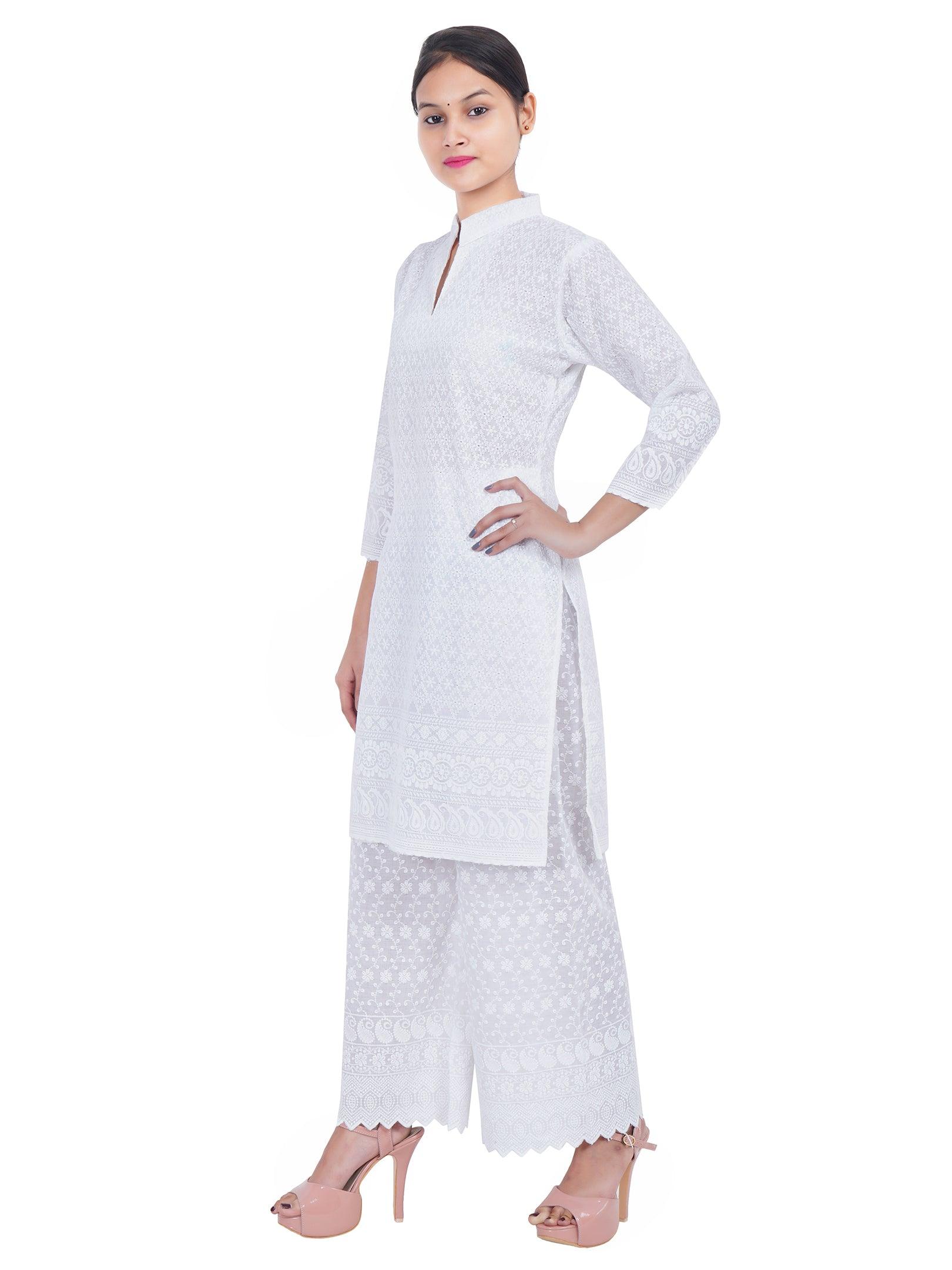 Women White Kurta and Palazzo Set Pure Cotton