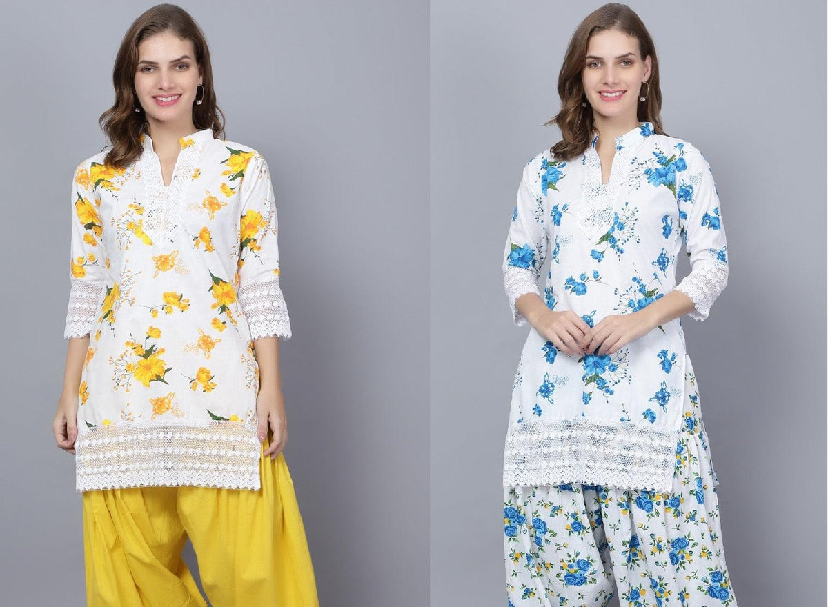 Pack of 2 Women Floral Print Cotton Blend Straight Kurta (Yellow, Blue) XXXL
