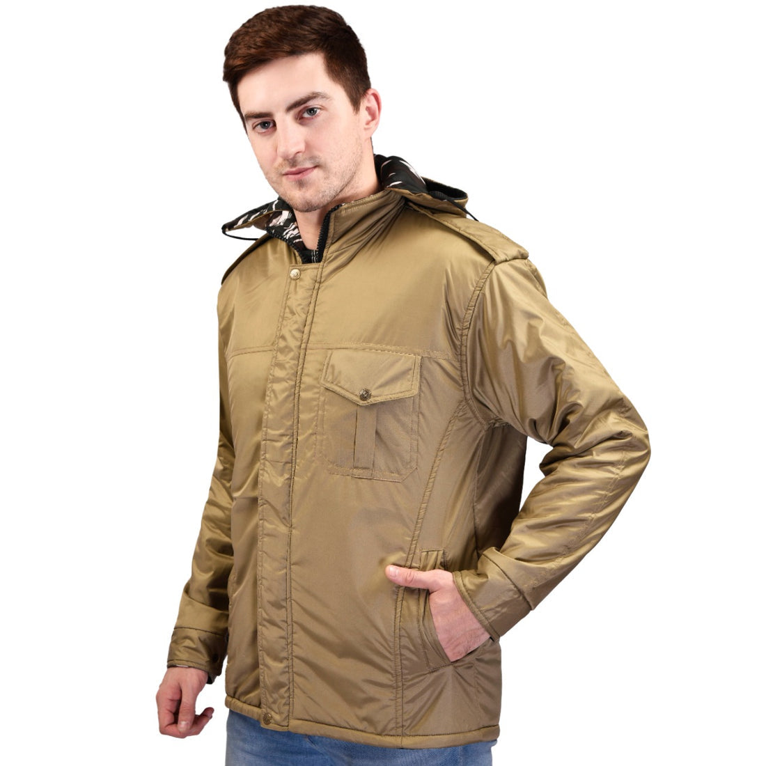 Camouflage Khaki Both Side Quilted Full Sleeves Hooded Neck Army Military Defence