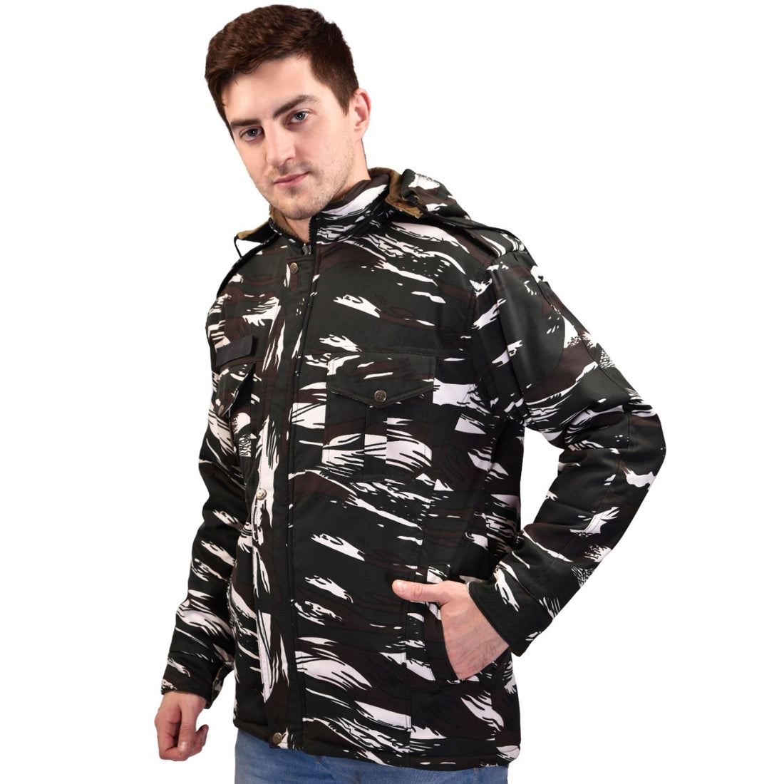 Camouflage Khaki Both Side Quilted Full Sleeves Hooded Neck Army Military Defence