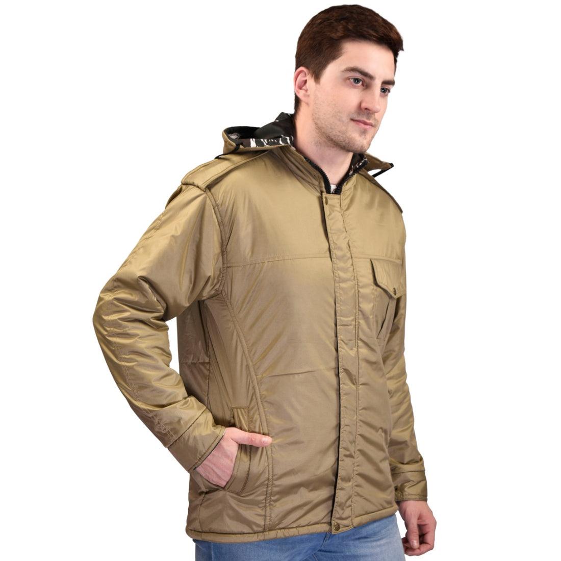 Camouflage Khaki Both Side Quilted Full Sleeves Hooded Neck Army Military Defence L