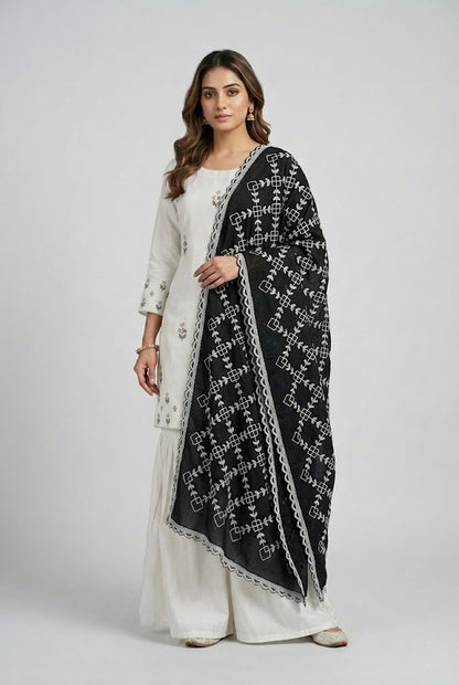 Elegant Black & White Pure Cotton Thread Work Dupatta – 2 Meter