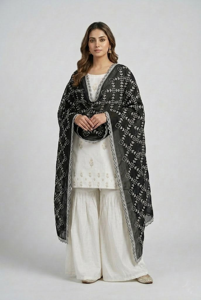 Elegant Black & White Pure Cotton Thread Work Dupatta – 2 Meter