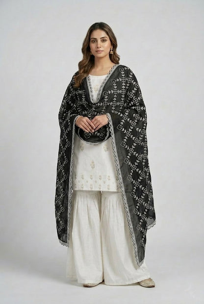 Elegant Black & White Pure Cotton Thread Work Dupatta – 2 Meter