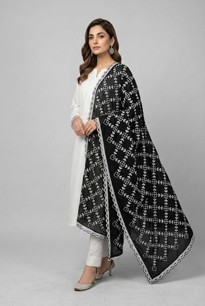 Elegant Black & White Pure Cotton Thread Work Dupatta – 2 Meter