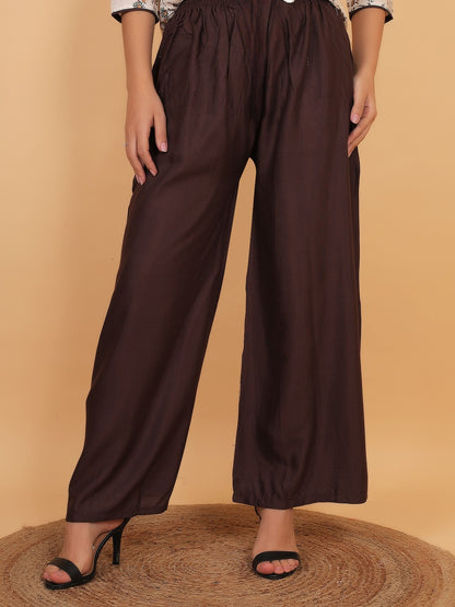 Stylish Brown Printed Kurta with Matching Palazzo Set & Side Pockets for Women