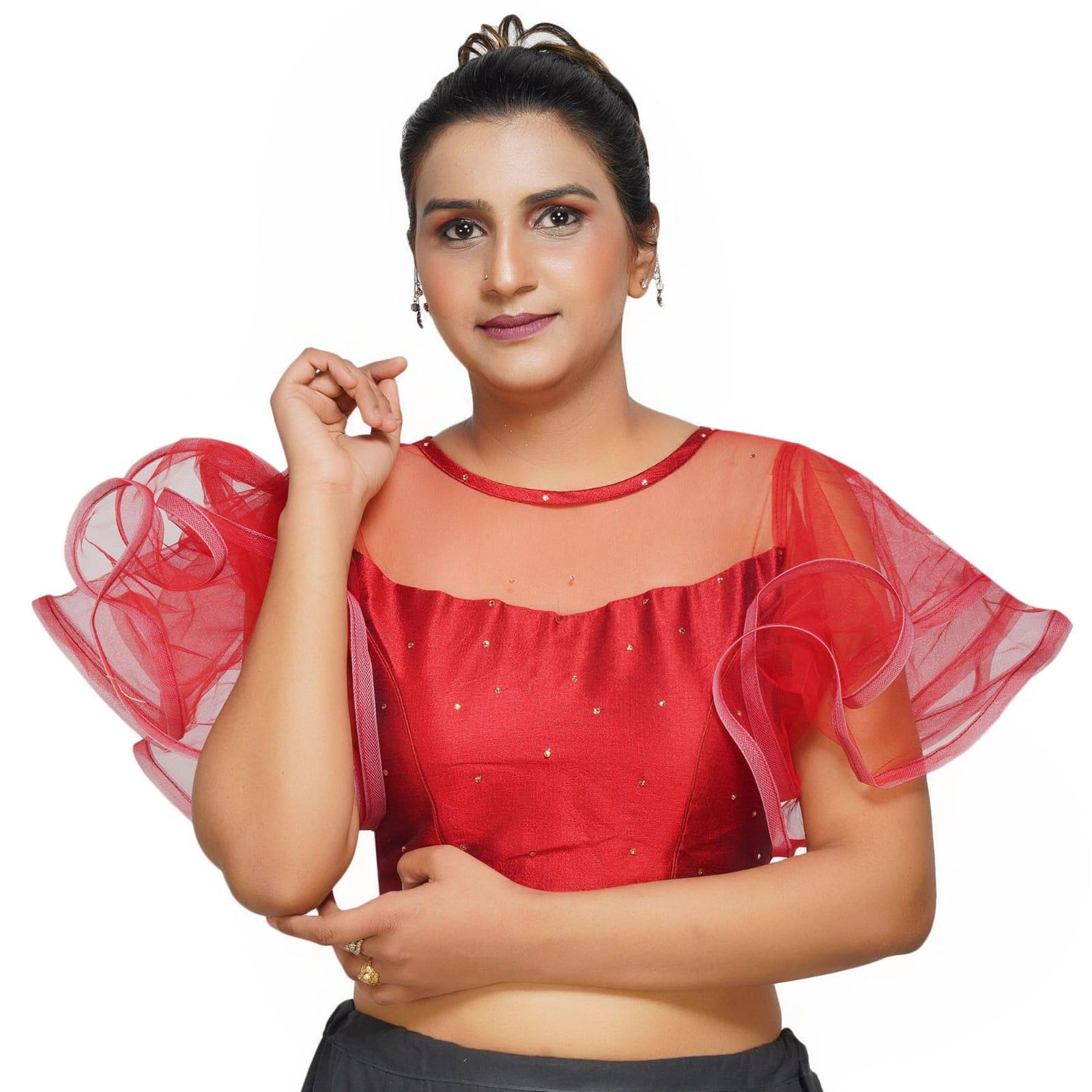Boat Neck Frill Shoulder Dark Red Women Blouse