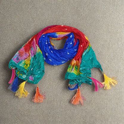 Women’s Vibrant Multi-Color Bandhani Print Silk Blend Dupatta with Tassel Border