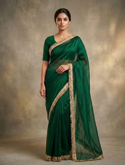 Dark Green Organza Silk Saree with Golden Fringe Border | Elegant Party Wear Saree