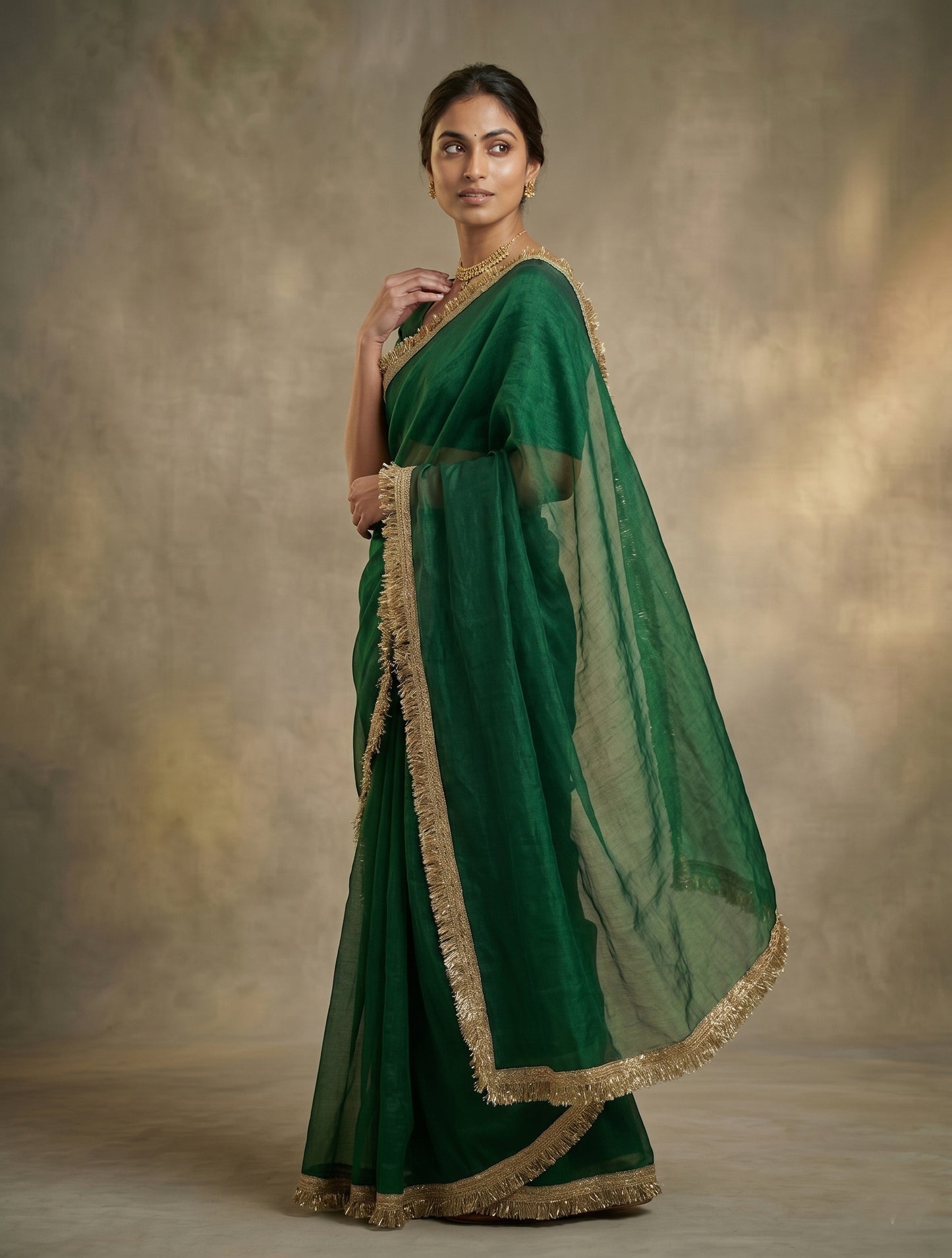 Dark Green Organza Silk Saree with Golden Fringe Border | Elegant Party Wear Saree