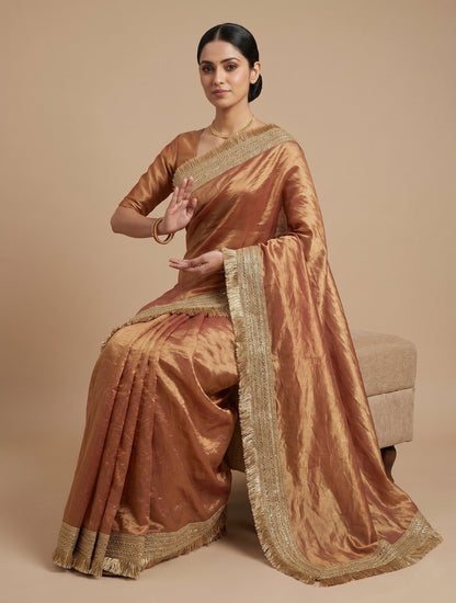Copper Gold Silk Blend Saree with Elegant Fringed Zari Border