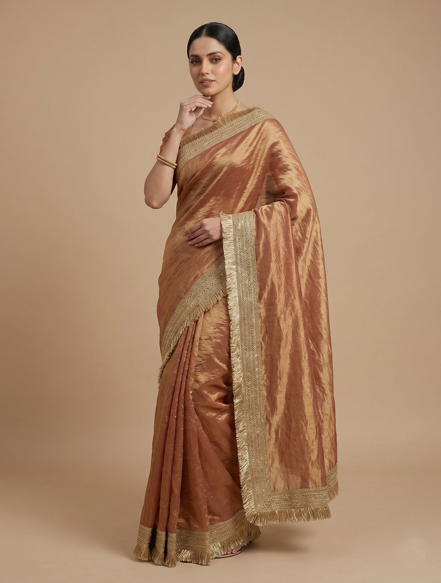 Copper Gold Silk Blend Saree with Elegant Fringed Zari Border
