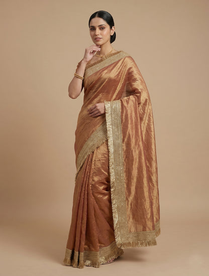 Copper Gold Silk Blend Saree with Elegant Fringed Zari Border