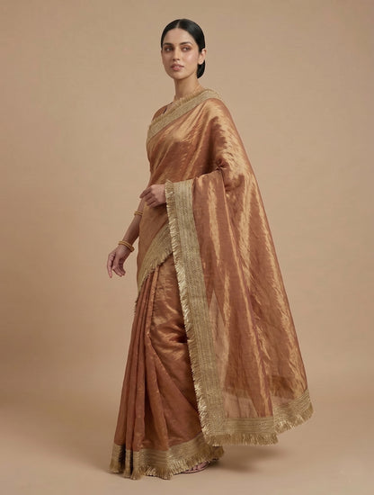 Copper Gold Silk Blend Saree with Elegant Fringed Zari Border