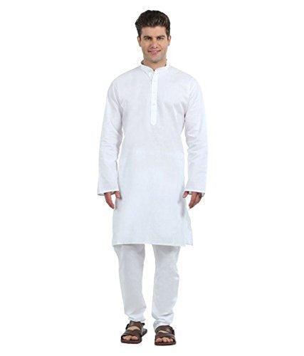 Men Solid White Cotton Blend Kurta and Pajama Set