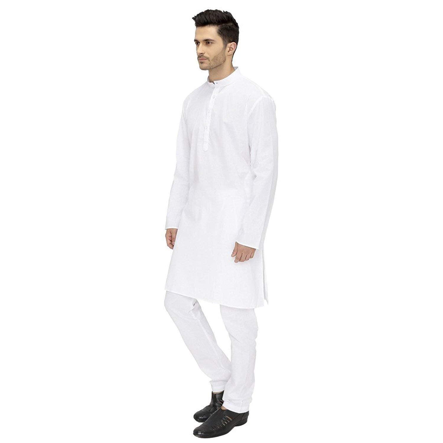 Men Solid White Cotton Blend Kurta and Pajama Set
