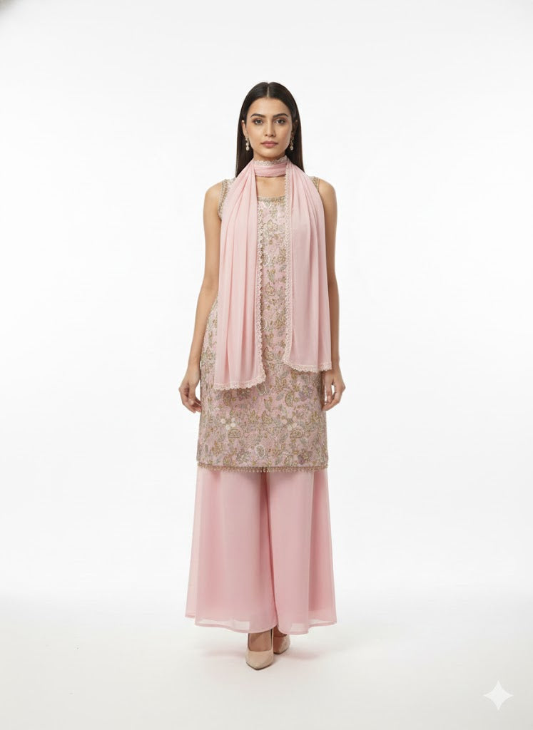 Baby Pink Georgette Kurta Palazzo Set-FREE SIZE