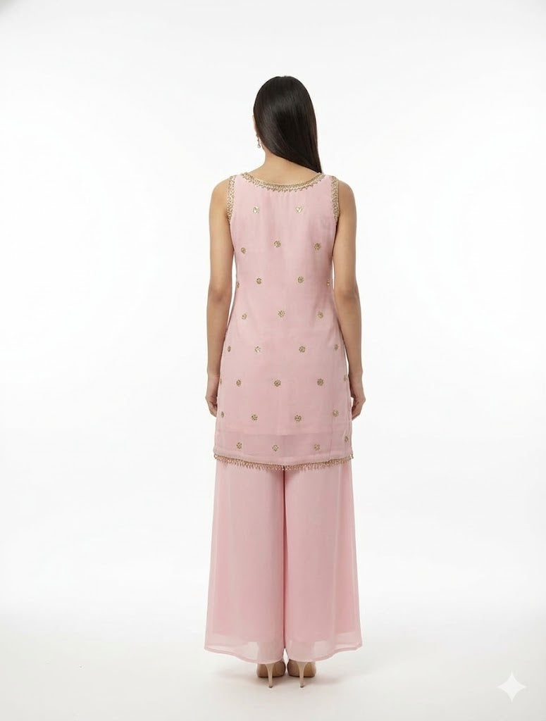 Baby Pink Georgette Kurta Palazzo Set-FREE SIZE