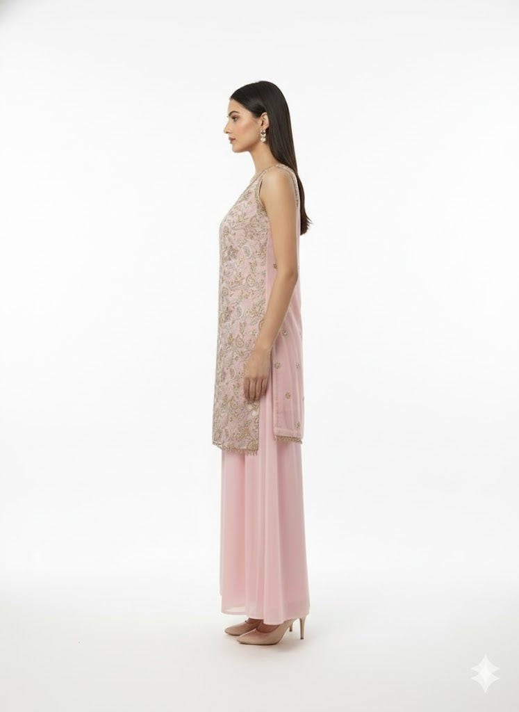 Baby Pink Georgette Kurta Palazzo Set-FREE SIZE