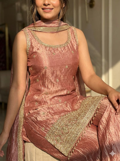 Metallic Antique Rose Gold Crush Art Silk Handwork Kurti Set with Palazzo